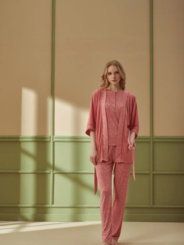 Pijadore 3 Delige Pyjama Set Voor Dames, Lange Mouwen, Roze