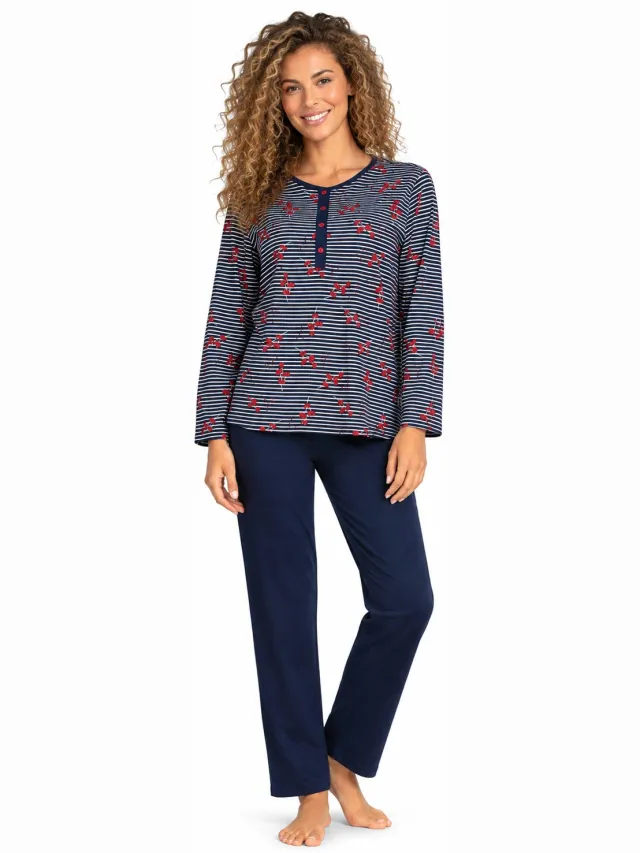 Comtessa Dames Pyjama - Donkerblauw Gestreept met Rode Bloemen - 100% Katoen