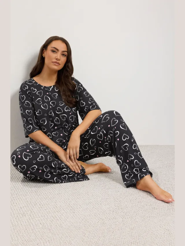 Yours Curve Pyjama Met Hartprint En Wijde Pijpen In Zwart-44, foto 2