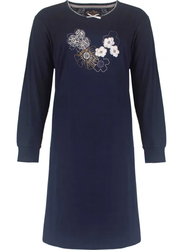 Medaillon Dames Nachthemd - Lange Mouwen - Navy Blauw