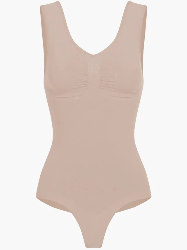 cfab Tanktop bodysuit met corrigerende werking en koordjes - Beige - S - Corrigerende Body - Naadlos - corrigerend ondergoed dames