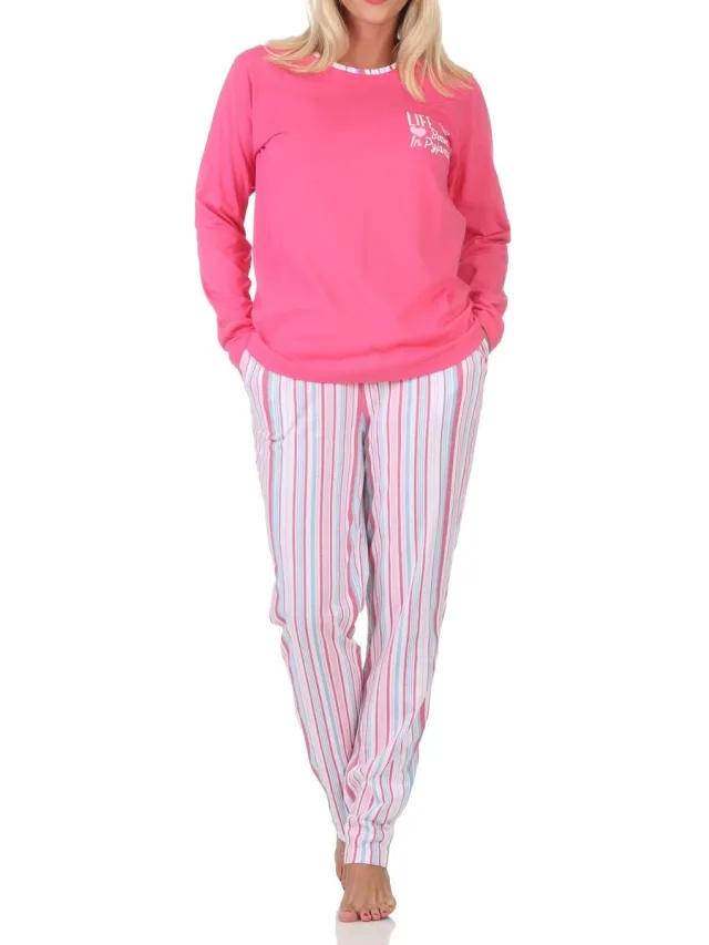 Normann dames lange pyjama in elegante strepenlook – ook in grote maten pink