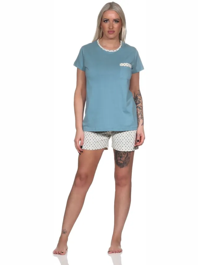 Normann damespyjama shorty met korte mouwen en korte pyjamabroek in stippenlook blau