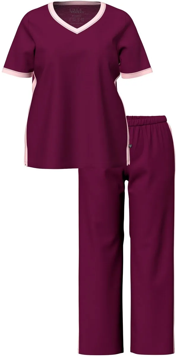 Ulla Popken Dames - Pyjama zijstrepen V-hals korte mouwen - Donker bes - Maat 62+