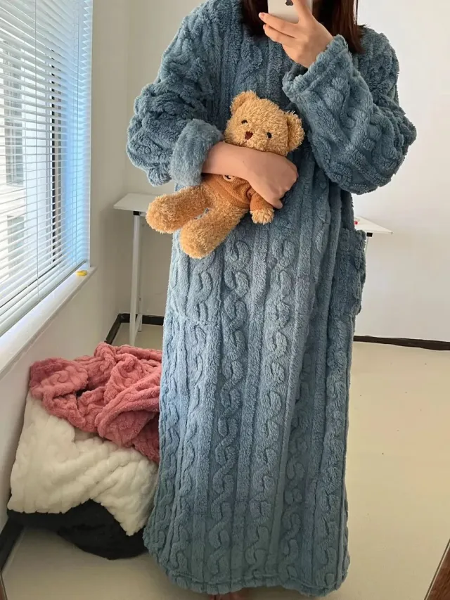 rimmo Warme dikke badjas dames | Koraal fluweel gewatteerd | Plus size winter homewear | Comfortabele gewatteerde pyjama jurk met strepen
