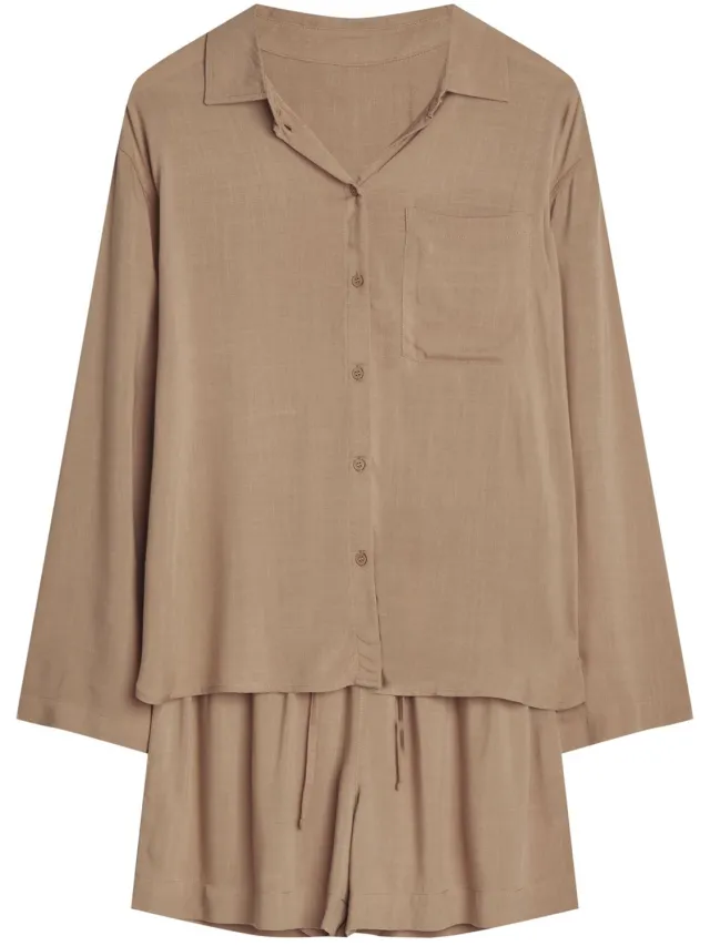 ESOTIQ Corenso - Damespyjamaset - Lange mouw - Donkerbeige - 100% viscose