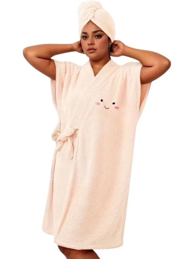 rimmo Badjas Dames 2-delige Set – Spa Badjas met Haarhanddoek en Verstelbare V-hals – Sauna en Wellness Badjas voor Thuis - Beige
