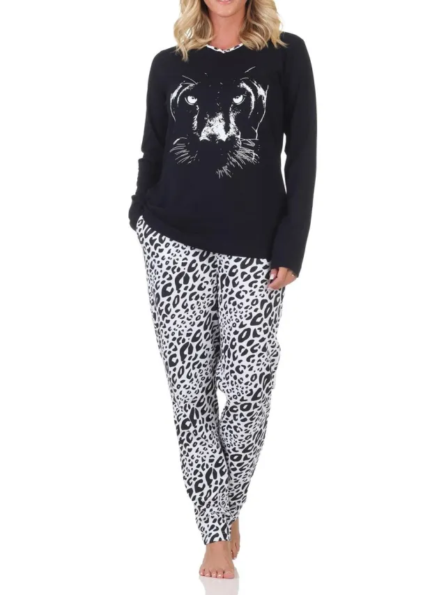 Normann dames pyjama lange mouw pyjama met dierenprintmotief – ook in grote maten dunkelgrau