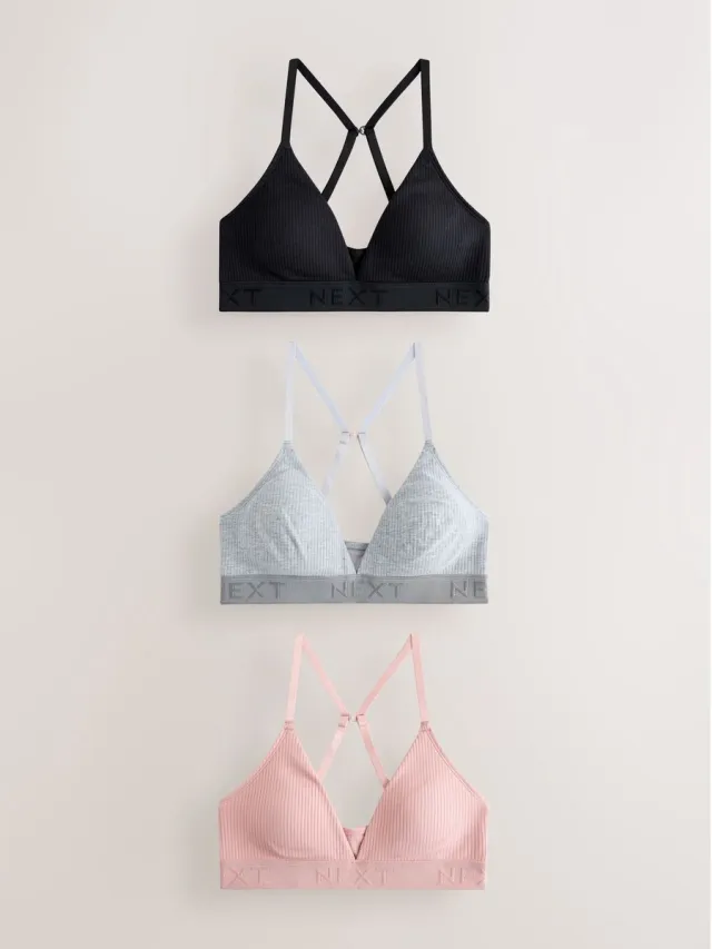 Next Dames - Katoenen geribbelde bralettes met logo, zonder vulling, zonder beugels, set van 3 - Zwart Black/Grey/Pink