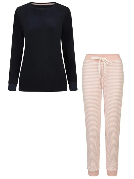 By Louise Dames winter pyjama set lang badstof donkerblauw/roze gestreept Veelkleurig