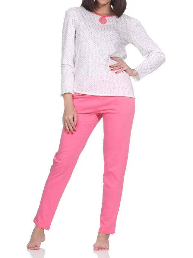 Normann damespyjama met lange mouwen in stippenlook - ook in grote maten pink
