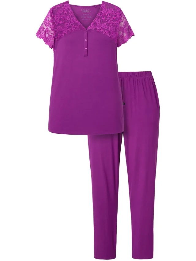 Ulla Popken Dames - Pyjama kant V-hals halflange mouw van kant - Licht pruim - Maat 46+