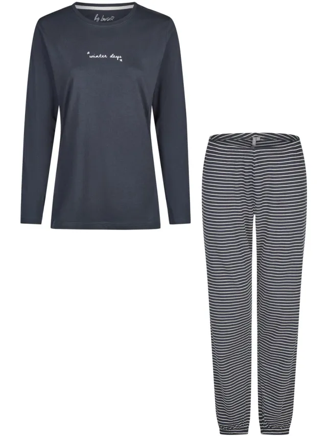 By Louise Dames Pyjama Set Lang Katoen Donkerblauw/Wit Gestreept