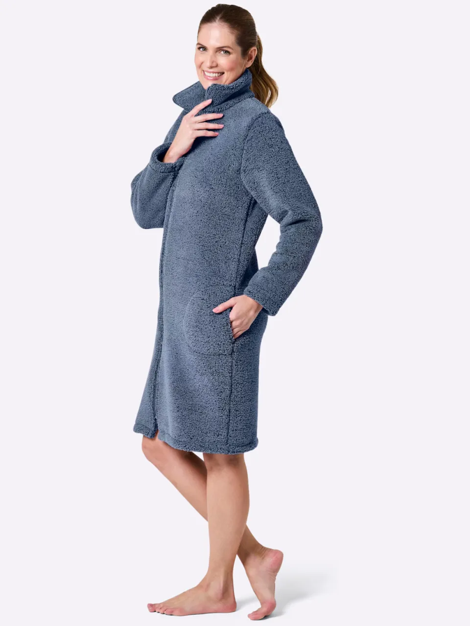 badjas teddyfleece blauw gemêleerd middenblauw gemêleerd