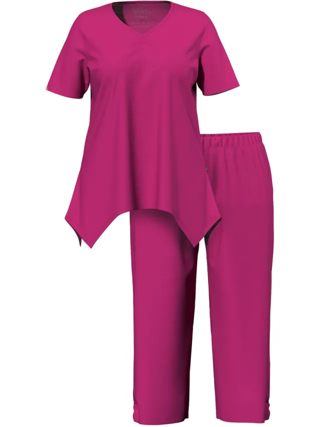 Ulla Popken Dames - Pyjama puntzoom V-hals korte mouwen - Fuchsia - Maat 54+