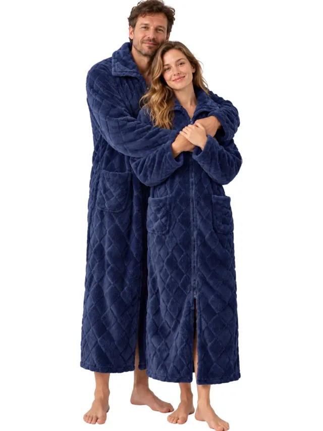 Badrock Badjas met Rits Dames & Heren - Extra Lang Fleece Ruitreliëf - Blauw