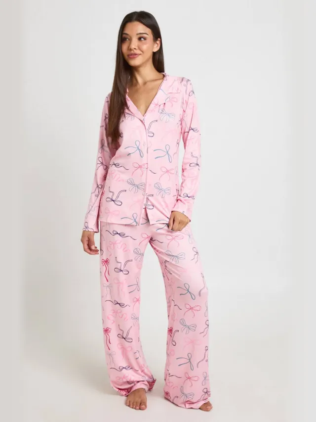 boohoo Dames Pyjama Set Met Strikjesprint En Lange Mouwen & Broek Baby Roze