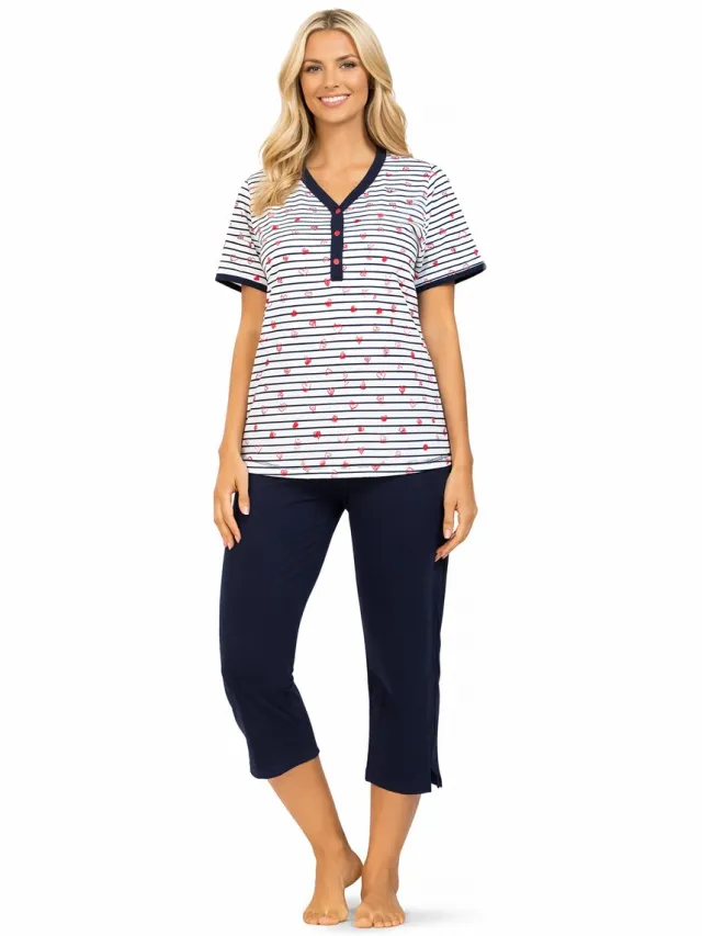 Comtessa Dames Pyjama – Gestreept – 7/8 Broek – 100% Katoen Gestreept, Donkerblauw, Wit