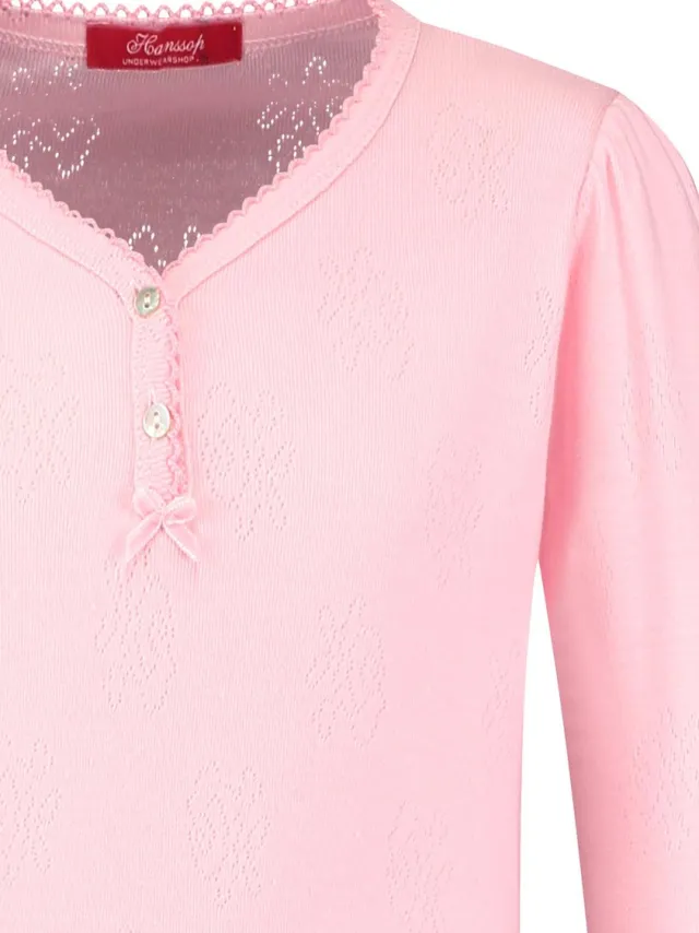 Hanssop Exclusief Luxueus Kinder nachtkleding van Hanssop, zacht koraal-roze Hanssop pyjama, elegant, luxe pure katoen. Hanssop pyjama, lange mouwen, luxe vervaardigde knoopsluiting, parelmoer knoopjes. Onderstuk is een lange broek