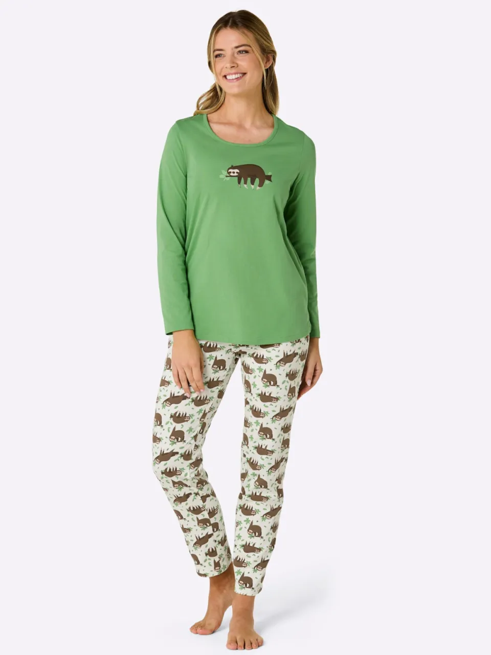 Pyjama's ecru/appelgroen bedrukt + resedagroen/ecru bedrukt, foto 2
