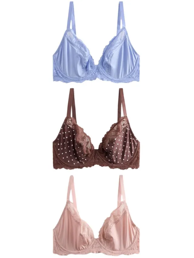 Next Dames - Diepuitgesneden DD+ beha, zonder vulling, set van 3 - Bruin Chocolate Spot/Pink/Blue