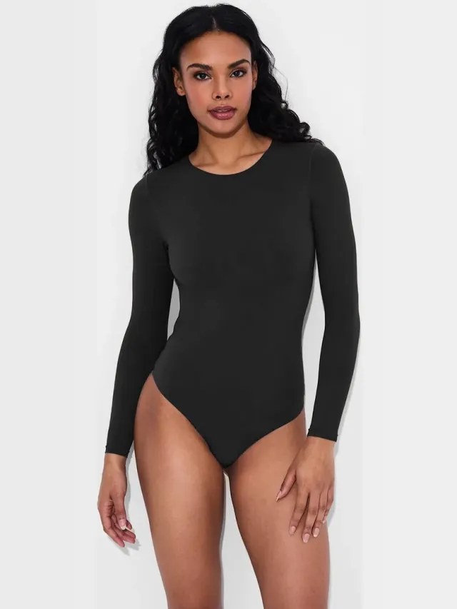 cfab Bodysuit met ronde hals en lange mouwen - Zwart - 3XL - Corrigerende Body - Naadlos - corrigerend ondergoed dames