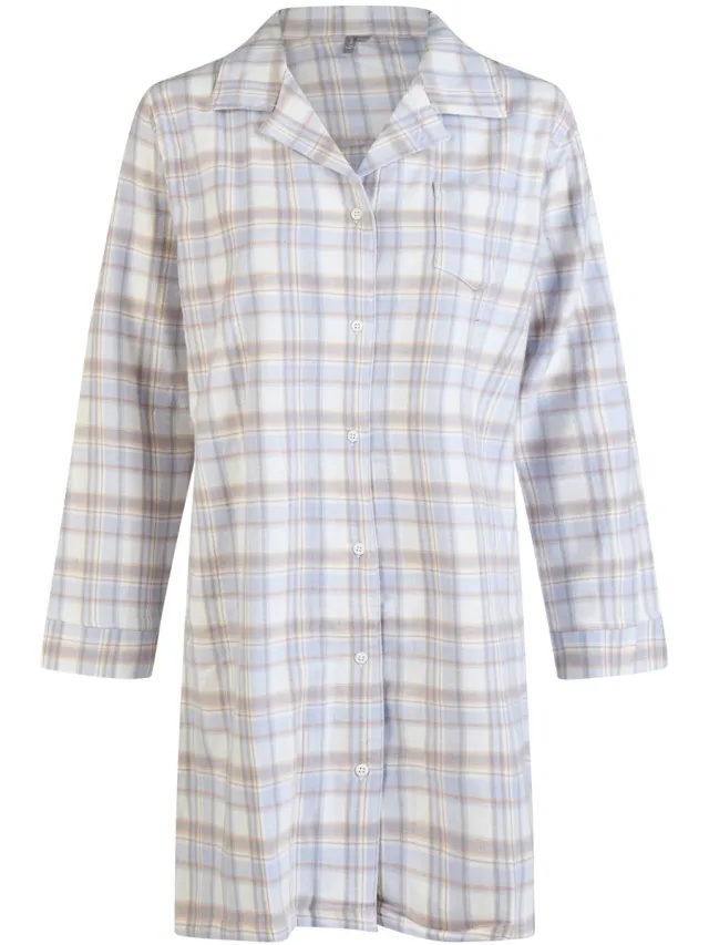 By Louise Dames Pyjama Nachthemd Flanel Met Knoopjes Blauw/Wit Geruit