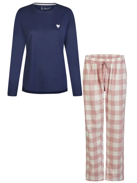 By Louise Dames pyjama set lang flanel geruit roze Veelkleurig