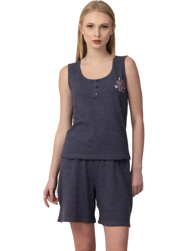 Vanilla Bloem dames shortama - Pyjamasets - Egyptisch katoen - PJ8915 - Donkerblauw