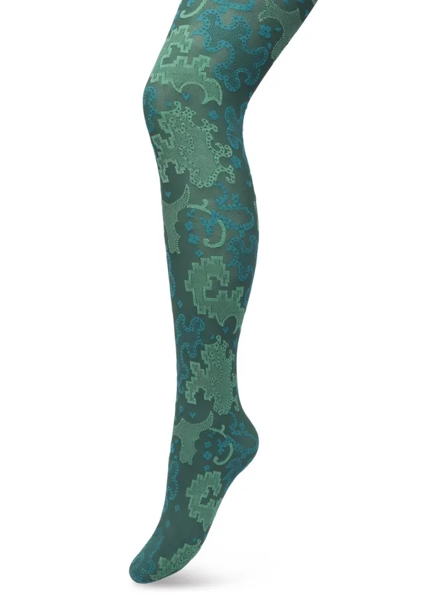 Bonnie Doon Grafische Panty 60 Denier Donker Groen Dames - Grafische Print - Gladde Naden - Maximaal Draagcomfort - Ornament Tights - Chique Panty - Feestelijk - Donkergroen - Trekking Green - BP221909.380