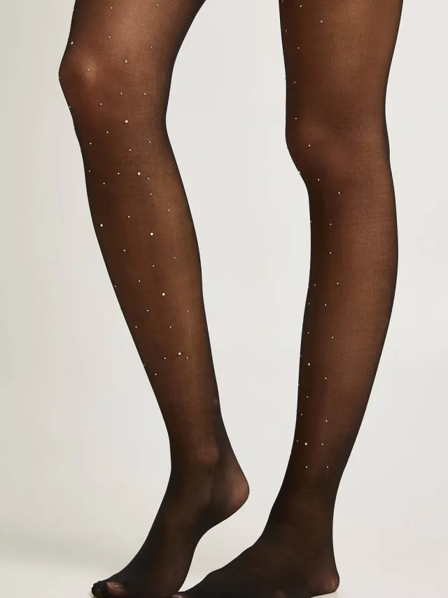 boohoo Dames Diamante-detail doorzichtige panty's Zwart