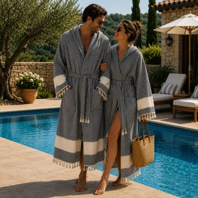 FABRIC BOX %100 Katoenen Peshtemal Badjas met Sjaalkraag en Capuchon – Lichtgewicht, Ademend & Sneldrogend, Ideaal voor Strand, Spa, Sauna en Thuisgebruik zwart
