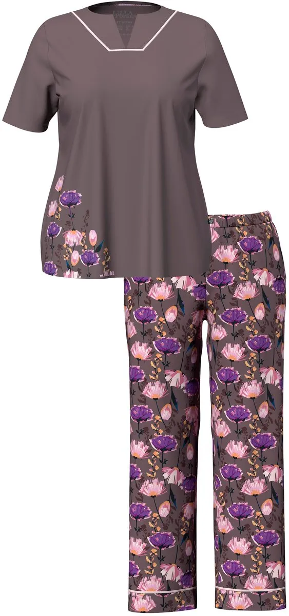 Ulla Popken Dames - Pyjama bloemen tuniekhals korte mouwen - Aarde - Maat 62+