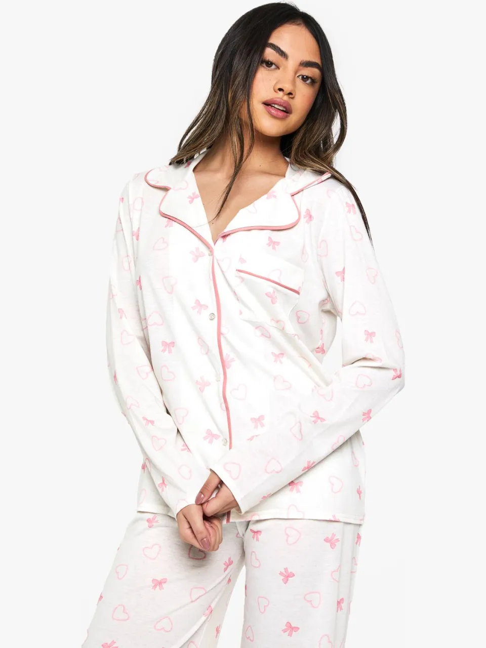 boohoo Dames Bow Print Piping Detail Long Sleeve Shirt & Trousers Pyjama Set crème, foto 3