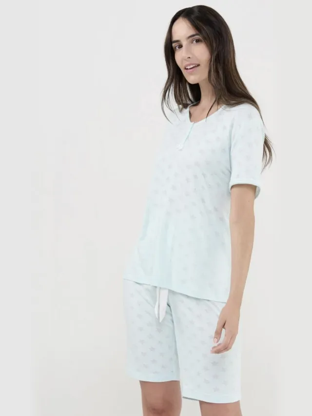 Lohe Dames Pyjama Sterrenprint – Korte Mouwen & Short – Zachte Viscose muntgroen