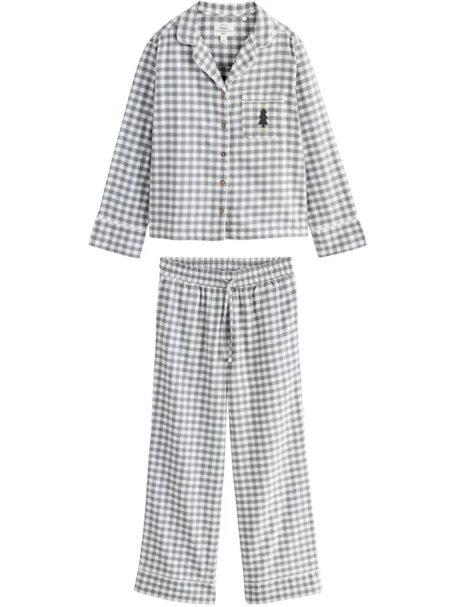 Next Dames - Flanellen kerstpyjama’s met knoopsluiting voor het hele gezin - Grijs Monochrome Gingham