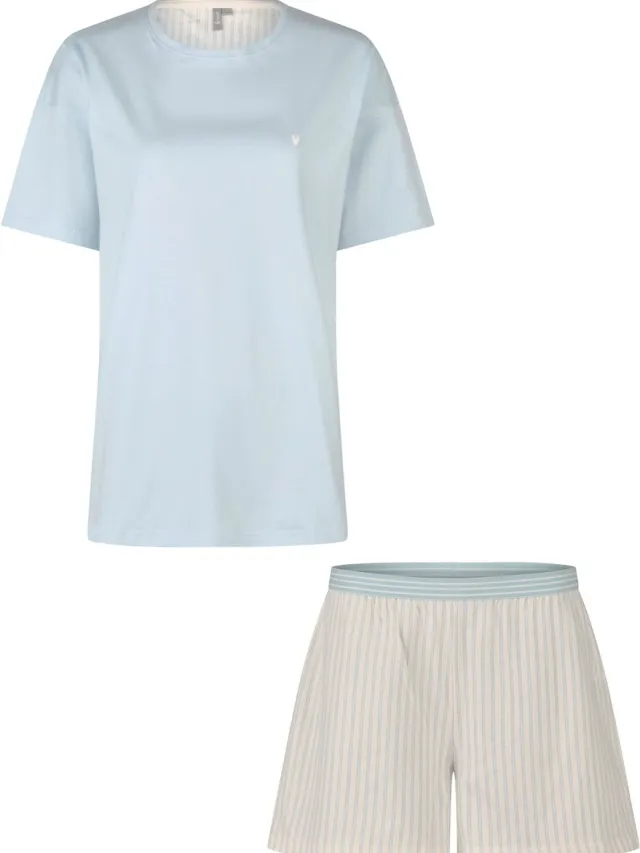 By Louise Dames Korte Pyjama Set Shortama Lichtblauw/Off-White Gestreept