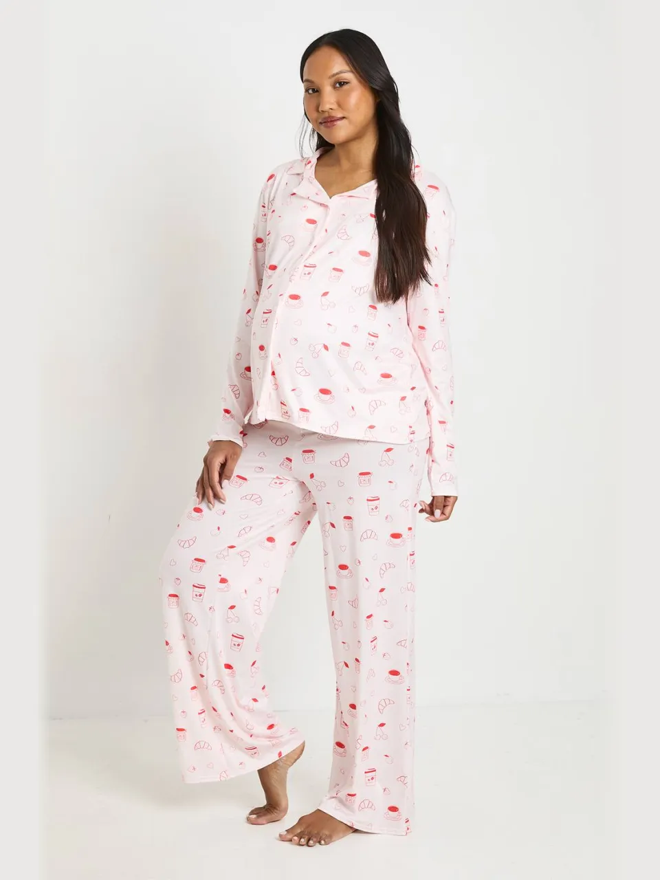 boohoo Dames Zwangerschaps Croissant En Jam Pyjama Set Met Lange Mouwen En Broek roze, foto 3