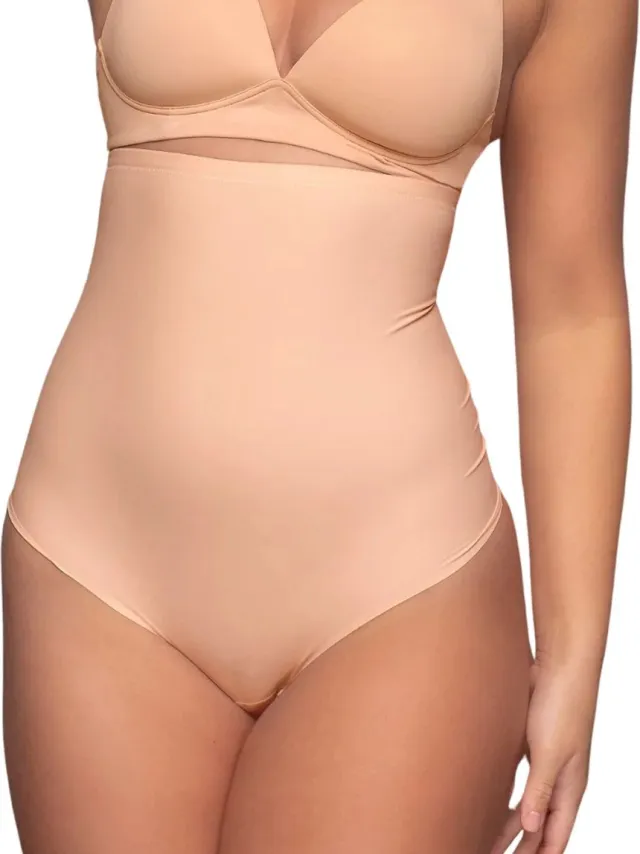 Bye Bra corrigerende string, string met hoge taille, lasergesneden rand, corrigerende string, shapewear voor dames, 2 kleuren, S-XXL (beige, XL)