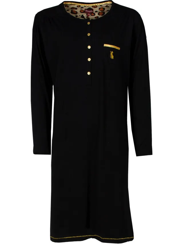 Medaillon Dames Nachthemd- Lange Mouwen - Polo sluiting - Zwart