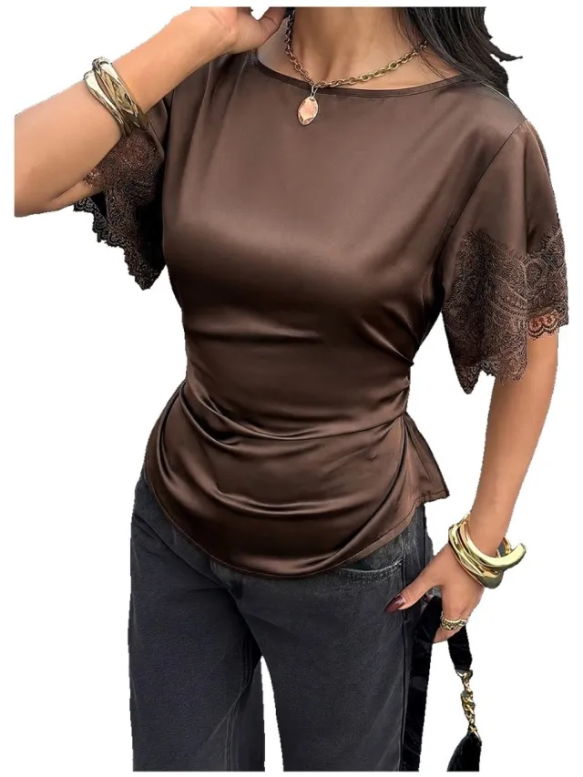 Currero Top Met Kant Dames - Topje - Kleding - Shirt - Blouse - Kort - Volwassen - Bruin