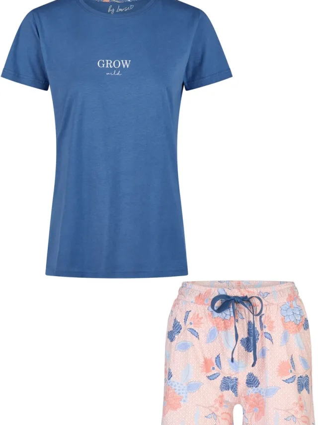 By Louise Dames Korte Pyjama Set Shortama Blauw/Roze Gebloemd