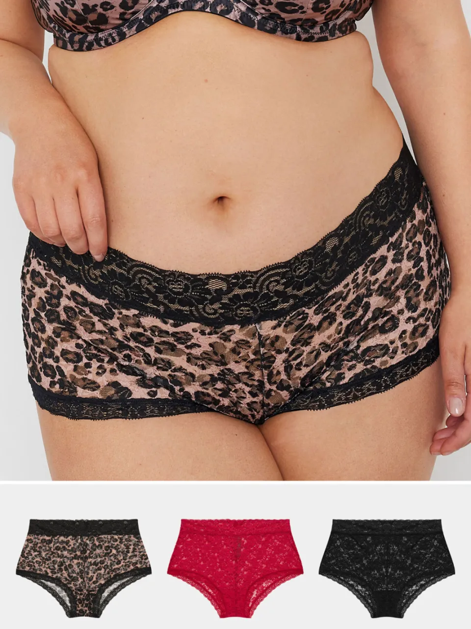 Yours Set Van Drie Paar Tailleslips Met Luipaardprint En Kant In Zwart/Rood-68, foto 2