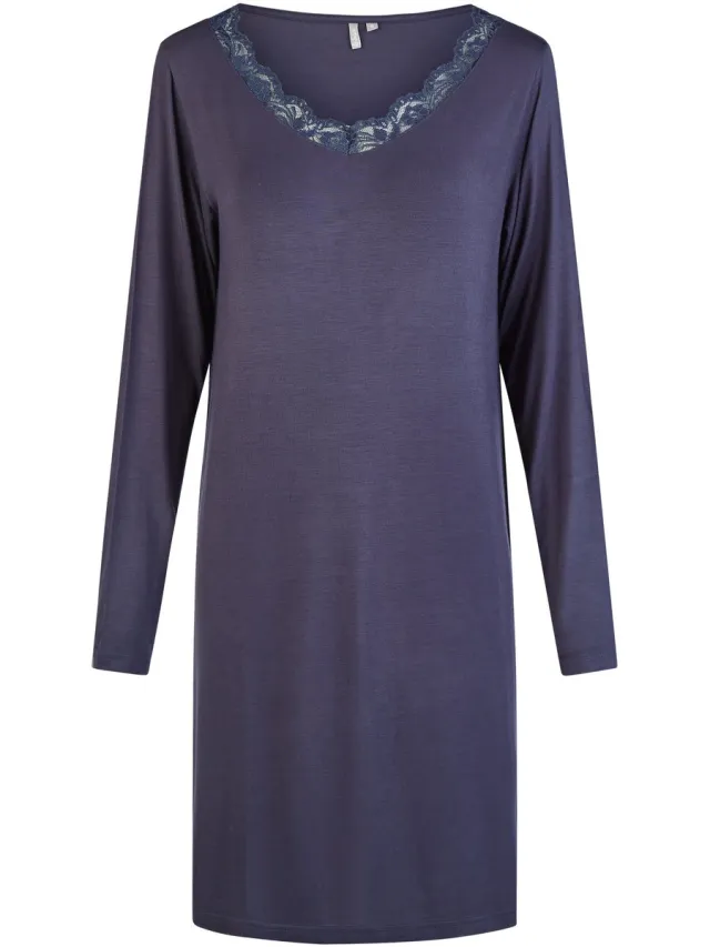 By Louise Dames Nachthemd V-Hals Met Kant Lange Mouw Bamboe Viscose Effen Donkerblauw