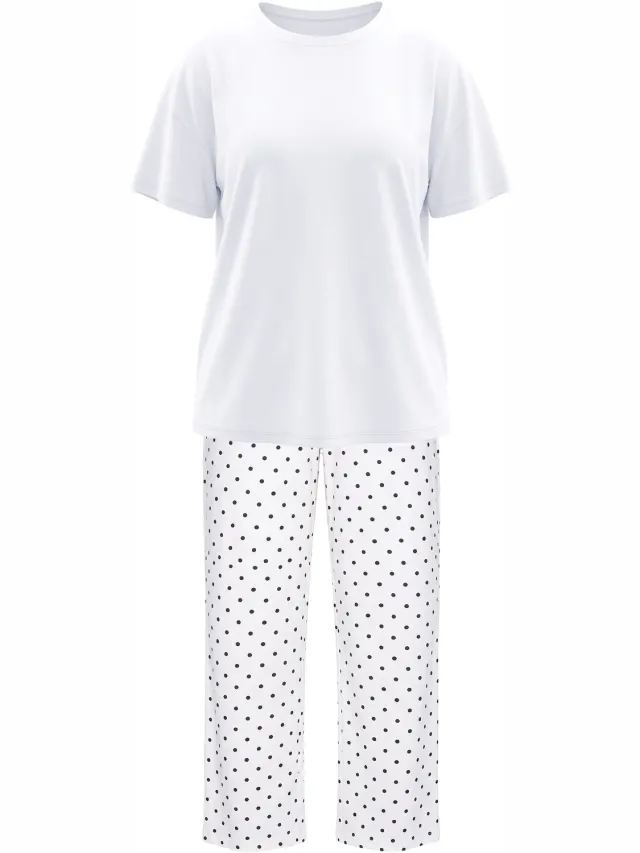 Studio Untold Dames - Pyjama tweedelig effen shirt broek met stippen - Off-white - Maat 46+