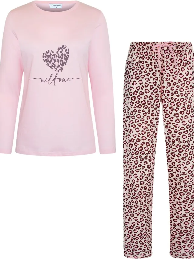 GAUBERT Essential Dames Pyjama Lange Mouw - Broek met Zakken - Premium Gekamd Katoen - Wild One Panterprint - Roze - GB-2805 Lange Mouw Pyjama, Roze, Wild One Panterprint