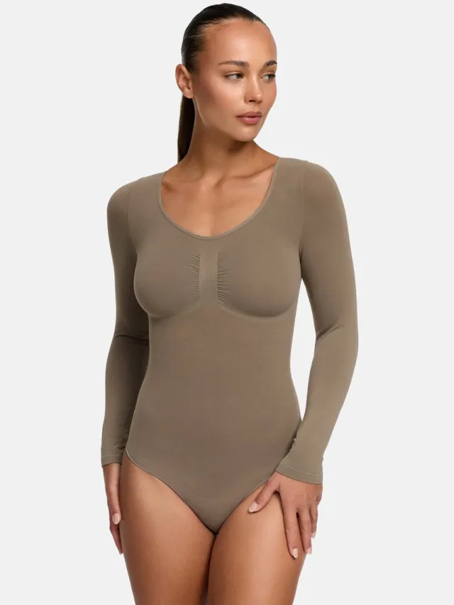 cfab Bodysuit met corrigerende werking, lange mouwen en koord - Taupe