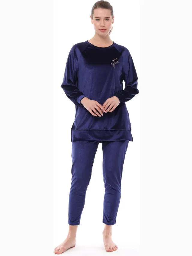 Pijadore Fluwelen Dames Pyjama Set, Lange Mouwen donkerblauw