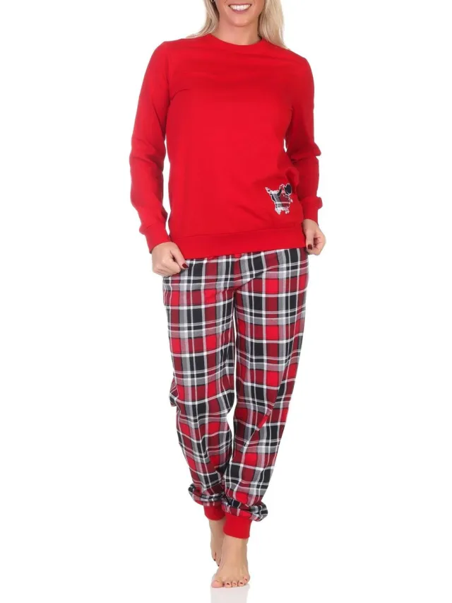 Normann Damespyjama met boorden met geruite broek en schattig dierenmotief - ook in overmaten rot
