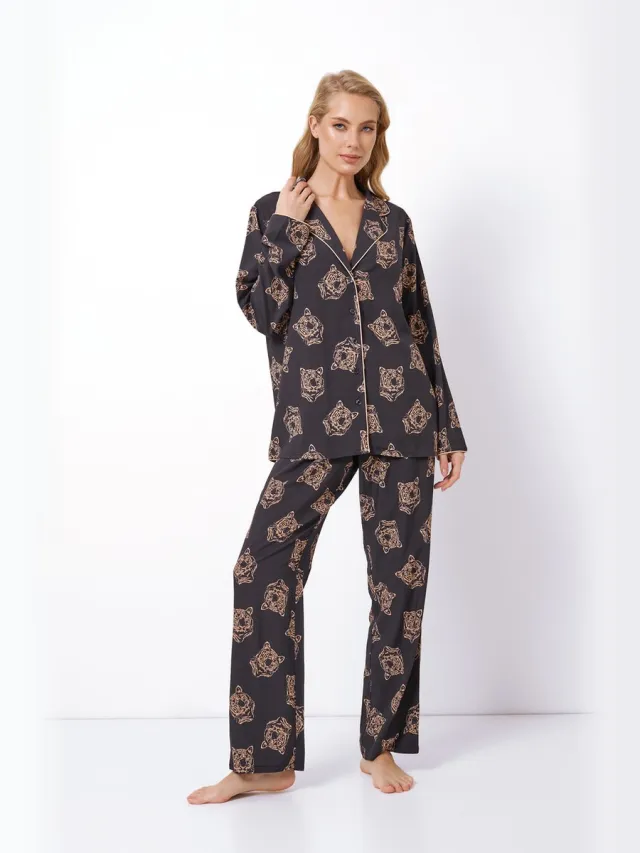 Aruelle Dames pyjama set Taya-tijgerprint-oversized top met lange mouwen-losse broek-zwart